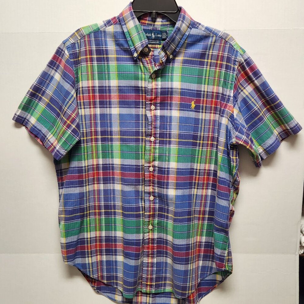 Ralph Lauren Mens Multicolor Plaid  Casual Button Down Short Sleeve Shirt Large